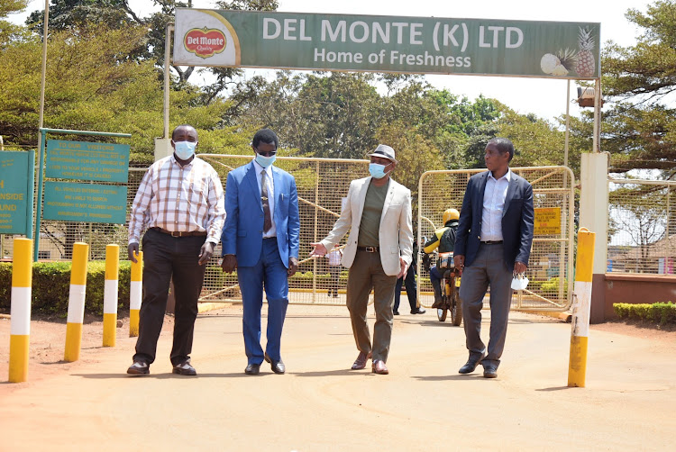 MPs Jude Njomo (Kiambu), Simon King'ara (Ruiru), Patrick Wainaina (Thika ) and Joseph Nduati (Gatanga) at Del Monte Kenya Ltd company in Thika on Monday, August 3, 2020.