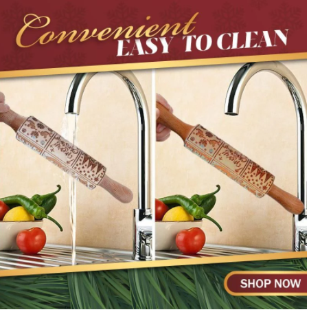 Rouleau à pâtisserie en bois imprimé avec la Nativité du Christ, pour des biscuits et pâtisseries de Noël, motifs originaux et festifs.