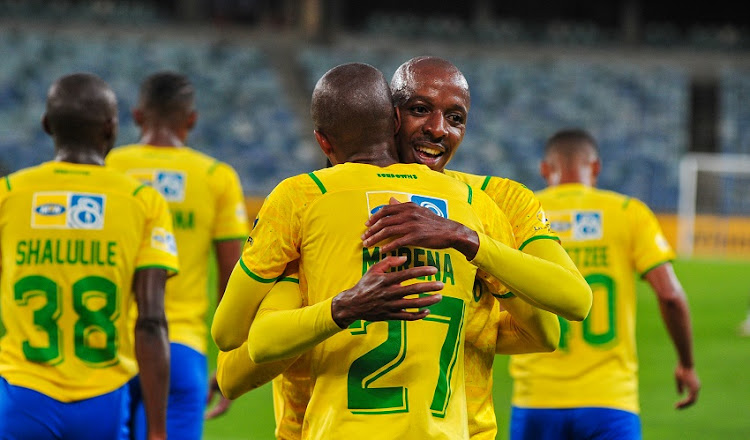 Thapelo Morena of Mamelodi Sundown s celebrates scoring with team mates during the MTN8 final match between Cape Town City and Mamelodi Sundowns at Moses Mabhida Stadium on October 30, 2021 in Durban, South Africa.