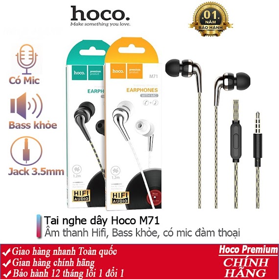 Tai Nghe Nhét Tai Hoco M71 Nghe Hay Có Mic Đàm Thoại, Dây Chống Rối Dài 1.2M, Jack Cắm 3.5Mm - Chính Hãng