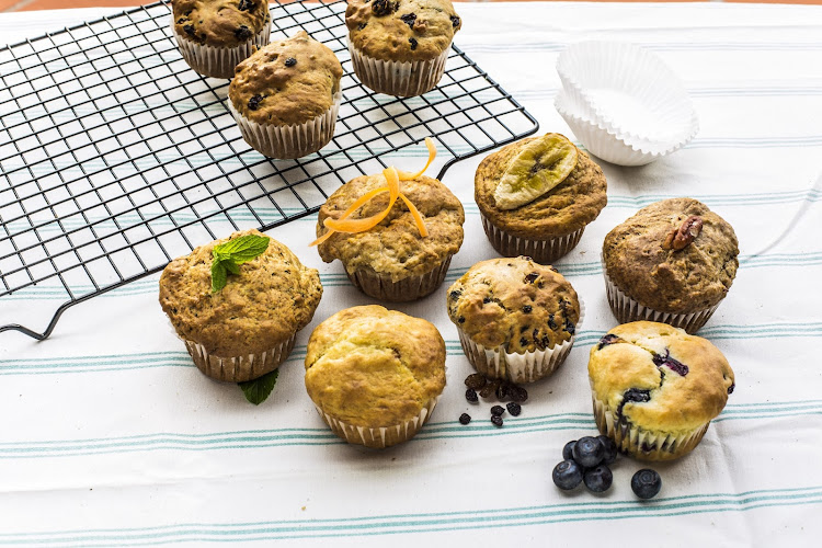 Muffins, clockwise from left: granadilla and mint, carrot and apple, banana, pecan and cinnamon, blueberry, spiced fruit, and plain.