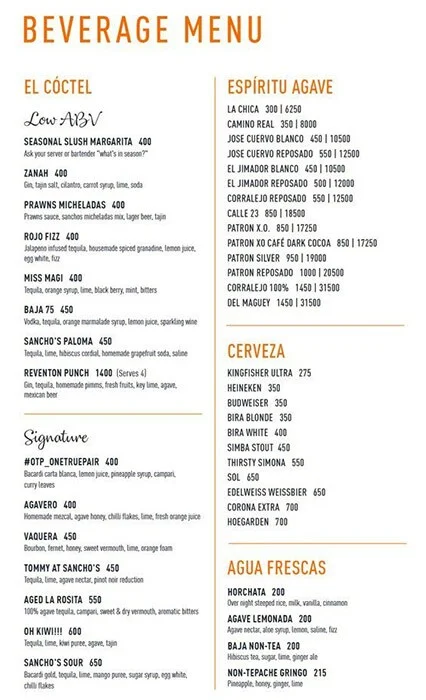 Sancho's menu 