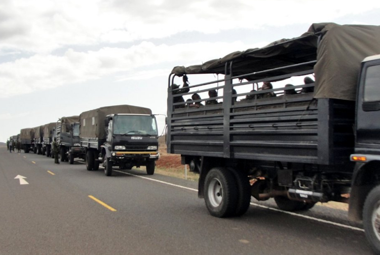 Military trucks carrying members of the multi-agency security team to the North Rift.