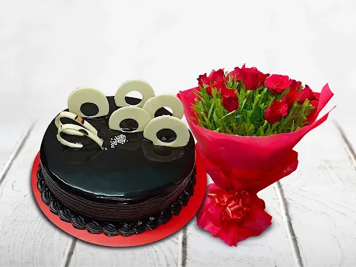 Chocolate Truffle Cake With 10 Red Rose Bunch