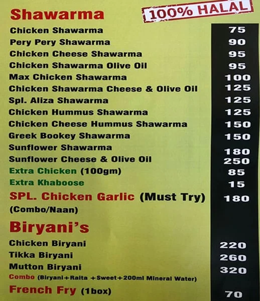 Aliza Spicy Kitchen menu 