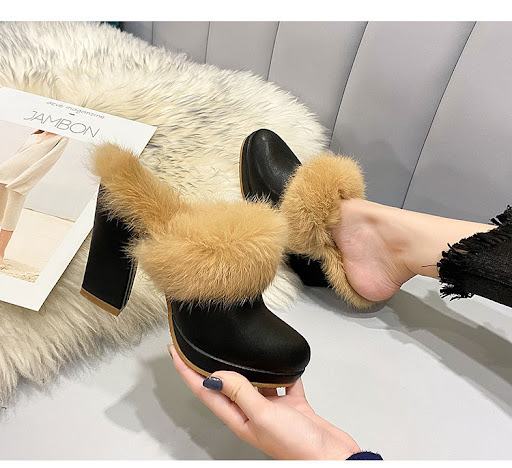 Title 3, Womens Fluffy Half Slippers with Thick Heel an...
