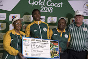 Sports Minister Tokozile Xasa, Caster Semenya, Gideon Sam, president of Sascoc during the SASCOC Champions Parade at Sammy Marks on April 23, 2018 in Pretoria, South Africa. 