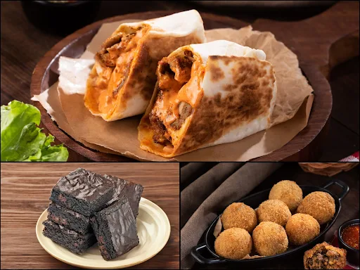 Peri Peri Fried Chicken Wrap + Chicken Meatballs + Brownie + Dip