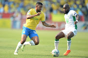 Sipho Mbule of Mamelodi Sundowns and Makhehlene Makhaula of AmaZulu during the DStv Premiership match at Loftus Versfeld on September 18 2022. 