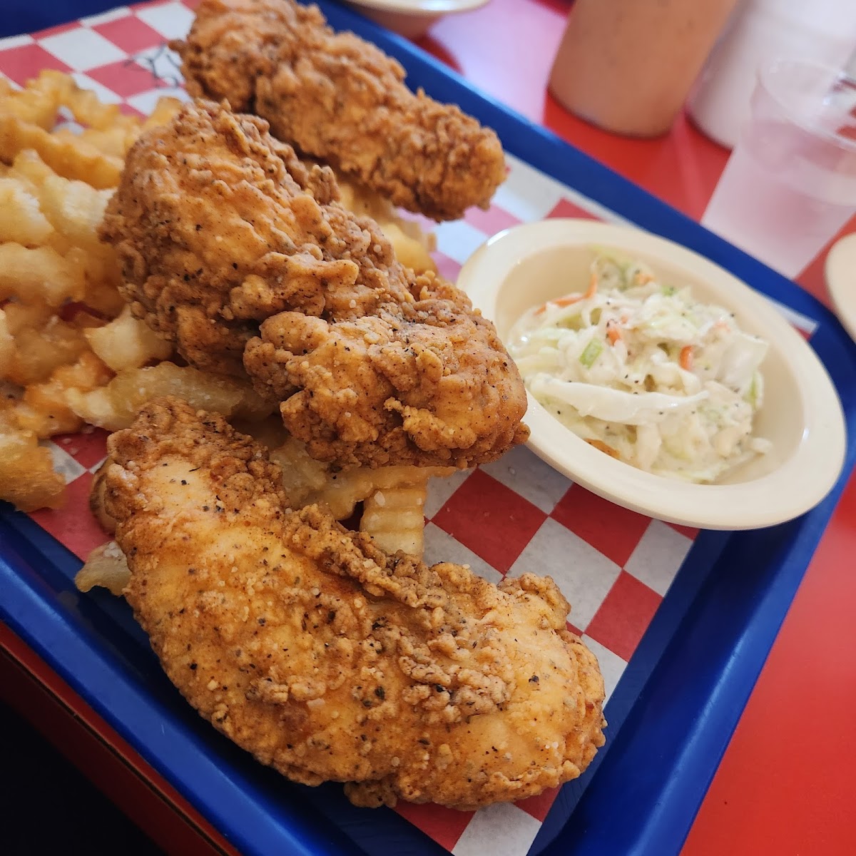 Chicken Tenders, Fries and Coleslaw and ALWAYS Galactic Sauce