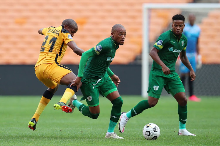 Goodman Mosele of Baroka challenged by Lebogang Manyama of Kaizer Chiefs during the DStv Premiership match between Kaizer Chiefs and Baroka FC at FNB Stadium on January 26, 2021 in Johannesburg, South Africa.