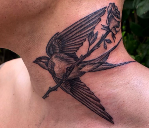 Amazing Swallow And Rose Neck Tattoo