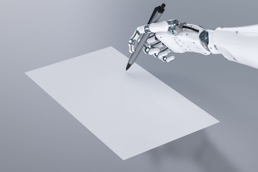 A robot hand holding a pen and writing on a piece of paper