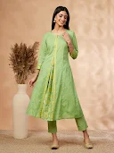 Floral Solid Lime Green Flared Kurta