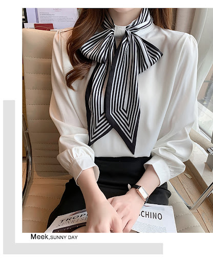 Title 3, Lady Temperament Satin Striped Shirt with Ribbo...