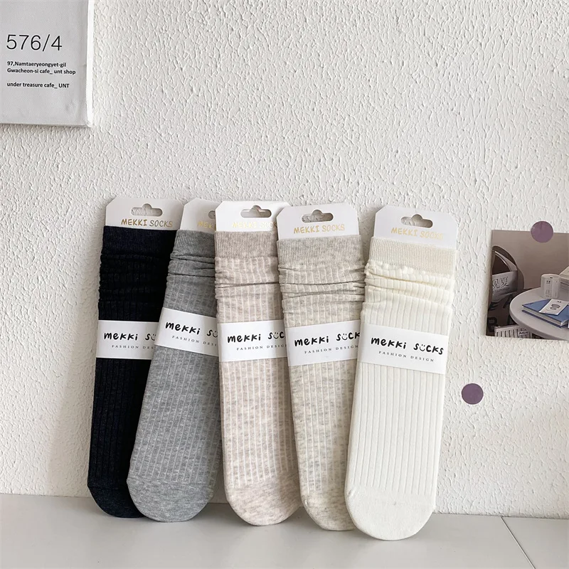 Chaussettes en fil de couleur unie à rayures enfoncées pour femmes, Tube blanc