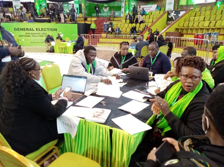 Webuye East Constituency Returning Officer Emmanuel Onyango (in white) at Bomas of Kenya.