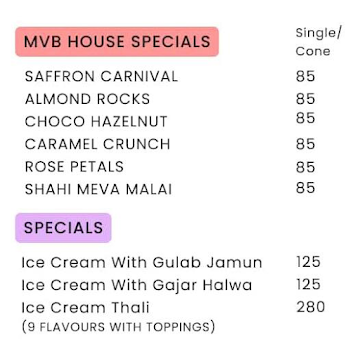 M.V.B. House Ice Cream Parlour & Snack menu 