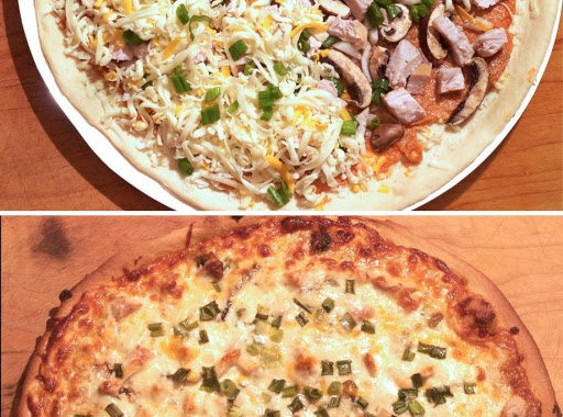 Top - unbaked pizza, showing layer of chicken and peanut sauce, cheese and mushrooms.
Bottom - finished pizza