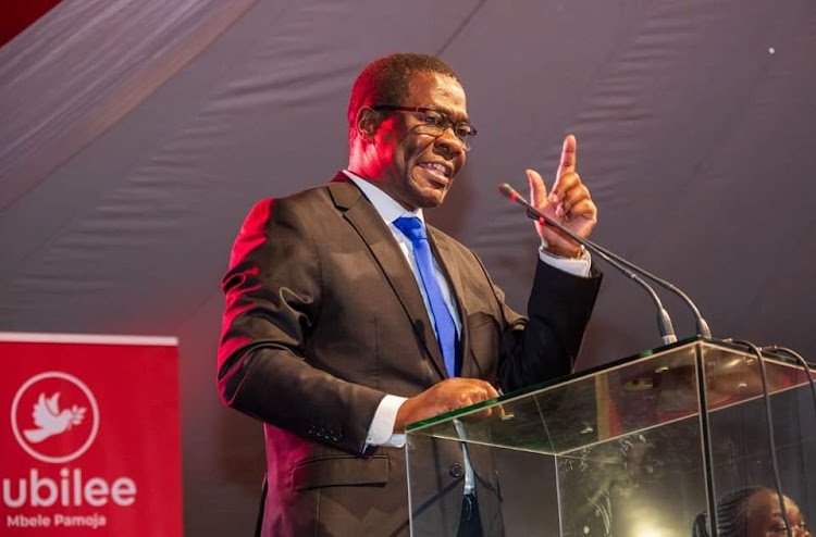 Minority leader in the national assembly Opiyo Wandayi addressing the jubilee national delegates conference at Racecourse in Nairobi on Monday.