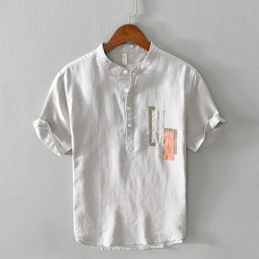 Title 4, Mens Linen Stand Collar Short Sleeve Shirt. Li...