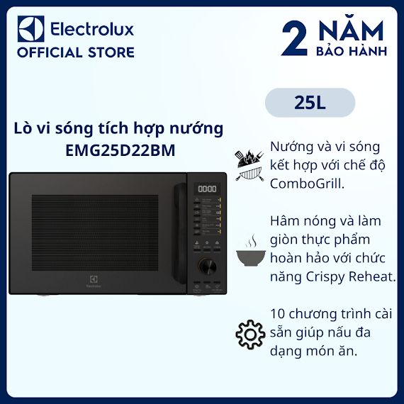 Lò Vi Sóng Để Bàn Electrolux Tích Hợp Nướng Đối Lưu 25L Ultimatetaste 500 Emg25D22Bm, Hâm Nóng Và Làm Giòn, 10 Chương Trình Cài Sẵn [Hàng Chính Hãng]