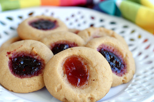 Betty's jam cookies with strawberry and blackberry jam.