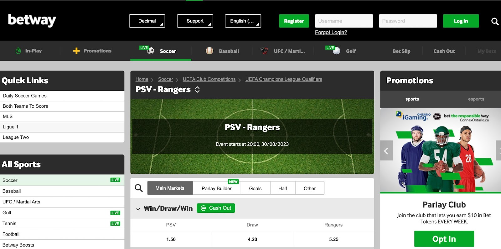 Champions League: PSV vs Rangers at Betway