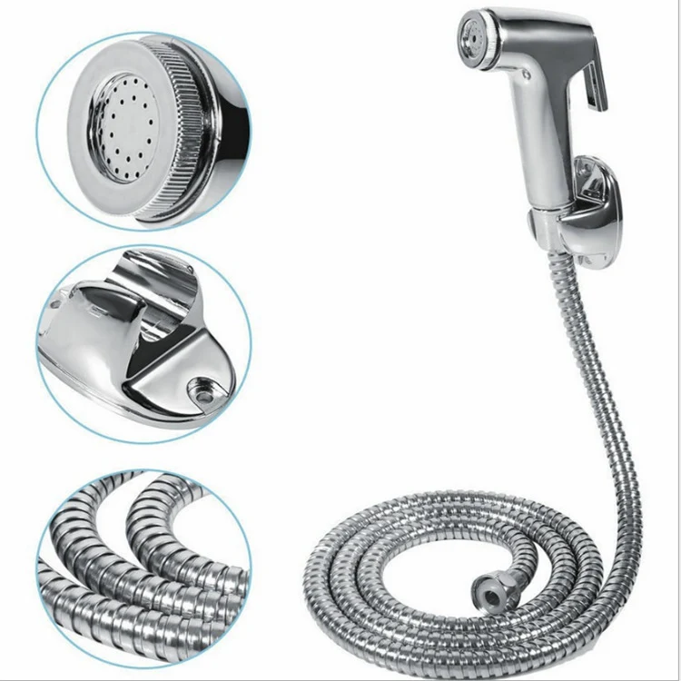 Pistola de spray para vaso sanitário com corpo em plástico ABS, bico de lavagem e kit completo. Higiene íntima eficiente e duradoura para o seu banheiro.
