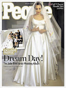 FOR THE KIDS: Angelina Jolie in a dress and veil embroidered with drawings by her children for her marriage to Brad Pitt