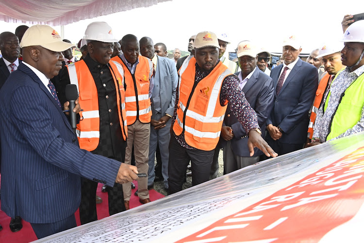 President William Ruto, Transport Cabinet Secretary Kipchumba Murkomen other leaders at the launch of the construction works for the Riruta-Ngong Commuter Rail line, Ngong, Kajiado County on December 15, 2023