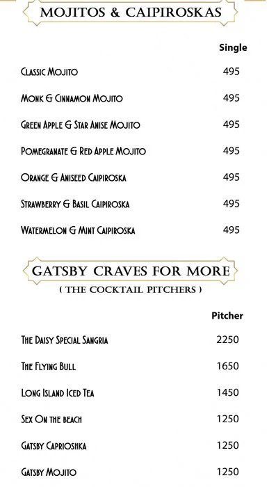 Gatsby Kitchen & Bar by Club BW menu 