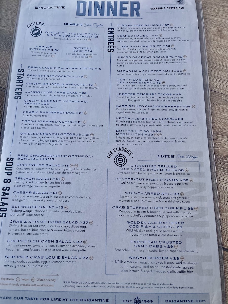 Brigantine Seafood & Oyster Bar gluten-free menu