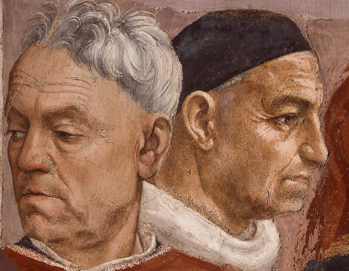 Masaccio e Filippino Lippi, Resurrezione del figlio di Teofilo e san Pietro in cattedra (particolare dei cinque fiorentini sulla sinistra), Cappella Brancacci, Santa Maria del Carmine, Firenze