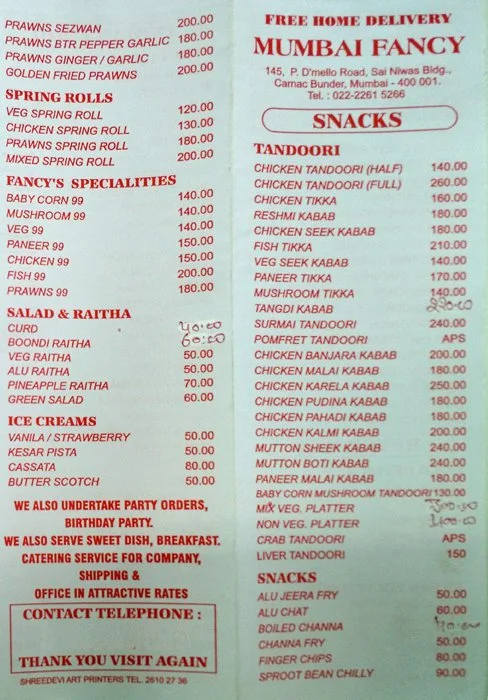 Mumbai Fancy menu 