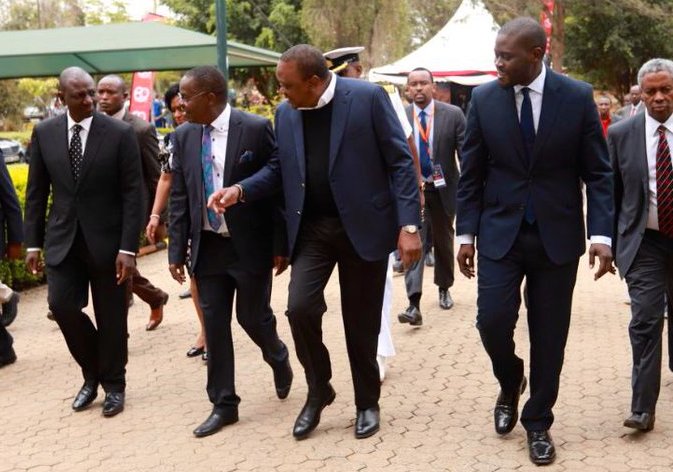 Deputy President William Ruto, President Uhuru Kenyatta and Nairobi Senator Johnson Sakaja at the Citam 60th anniversary celebrations in the Karen sanctuary on Saturday, August 24, 2019.