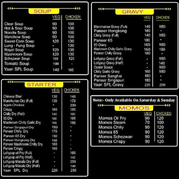 Yaari Chinese Hub menu 