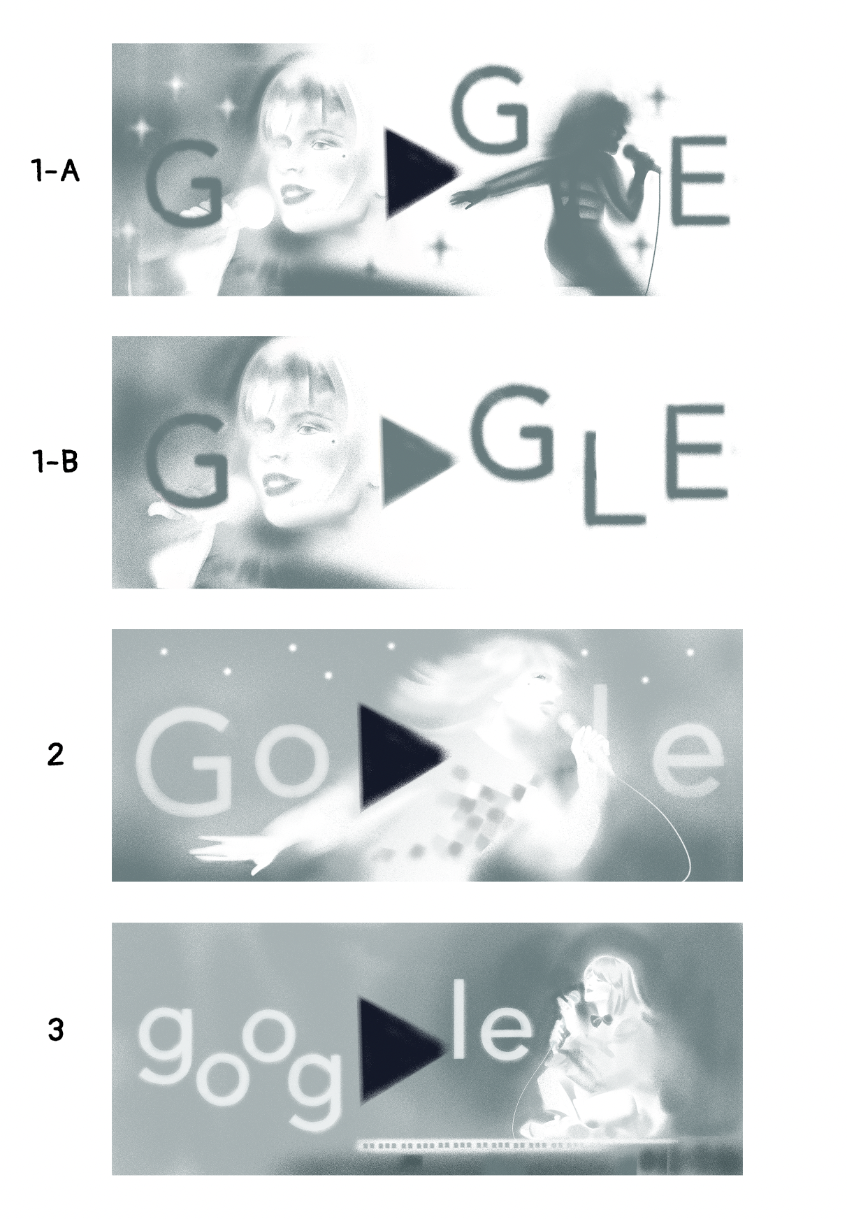 Four black and white illustrations of France Gall with the Google logo