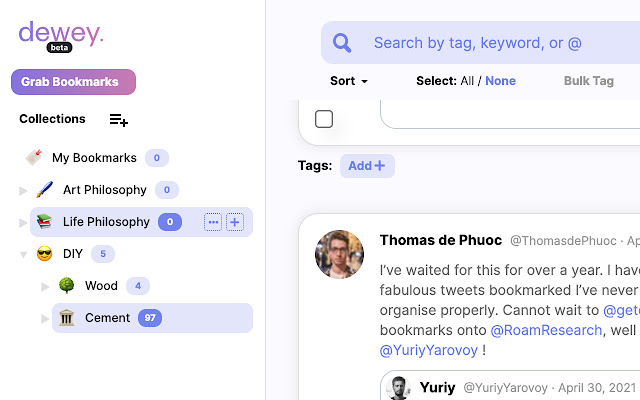 dewey. Organize & Share Twitter Bookmarks chrome extension