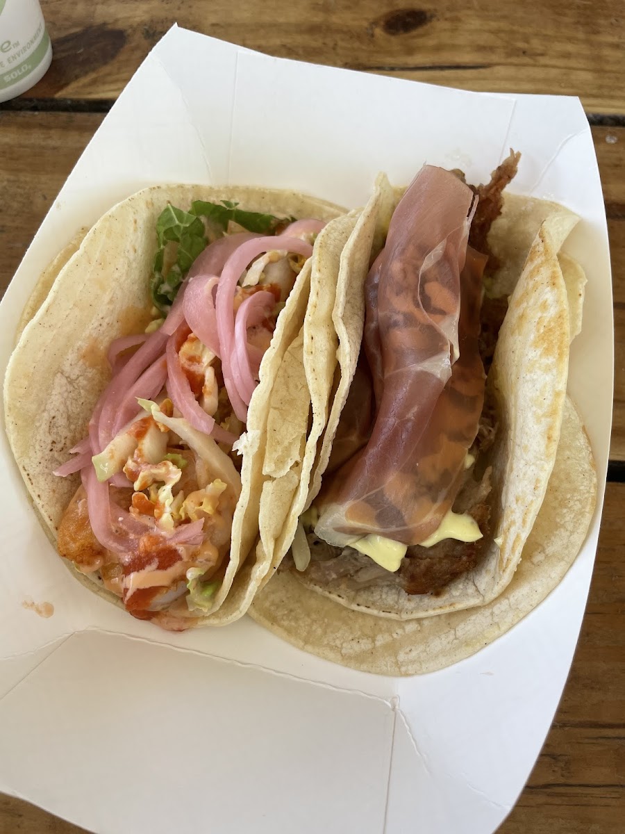 St augustine taco with grilled shrimp on corn tortilla and cuban on corn tortilla. All made in separate pans GF