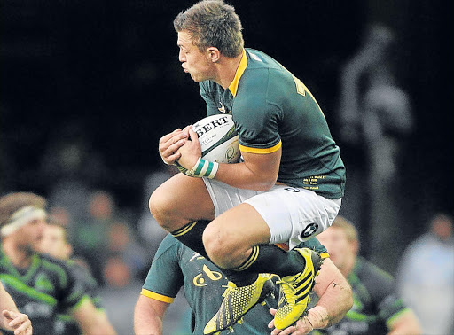 IN LEAPS AND BOUNDS: Handre Pollard, Boks’ young flyhalf who had a patchy game in last weekend but hopes to rise to the occasion in Brisbane tomorrow Picture: GALLO IMAGES