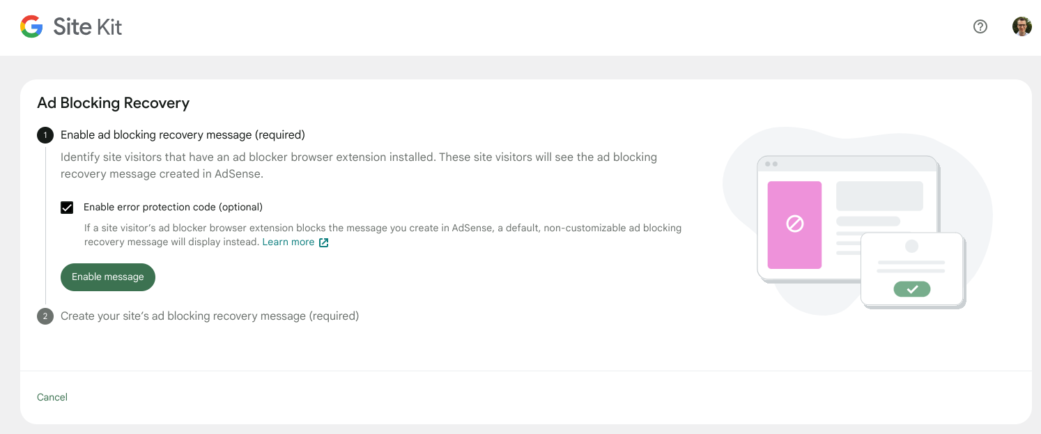 The first step of setup to enabled the standard recovery message and allow users to place the error protection code