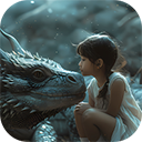 little girl sitting with magical dragon