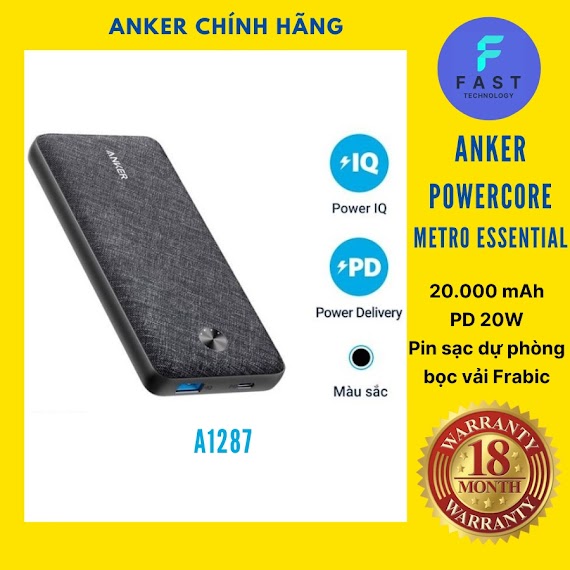 [Bọc Vải Fabric] Sạc Dự Phòng Anker Powercore Metro Essential 20000 Mah Pd 20W A1287 18W - A1281