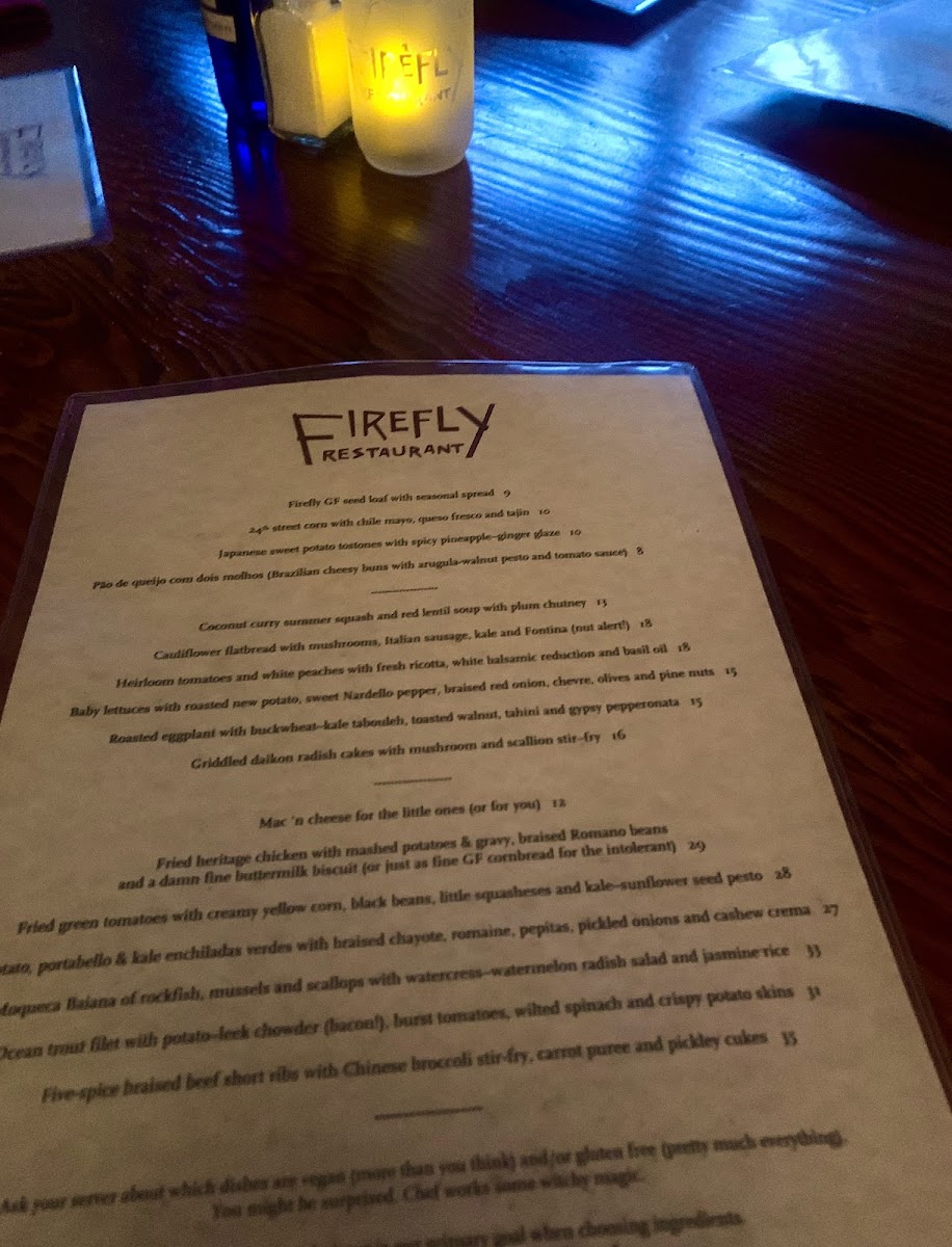 Firefly Restaurant gluten-free menu