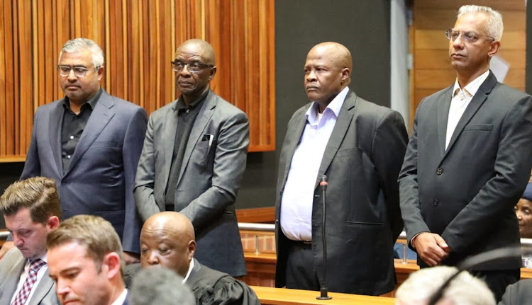 Regiments Capital directors Niven Pillay and Litha Nyhonyha appearing alongside former group chief executive of Transnet Brian Molefe and former group CFO Anoj Singh.