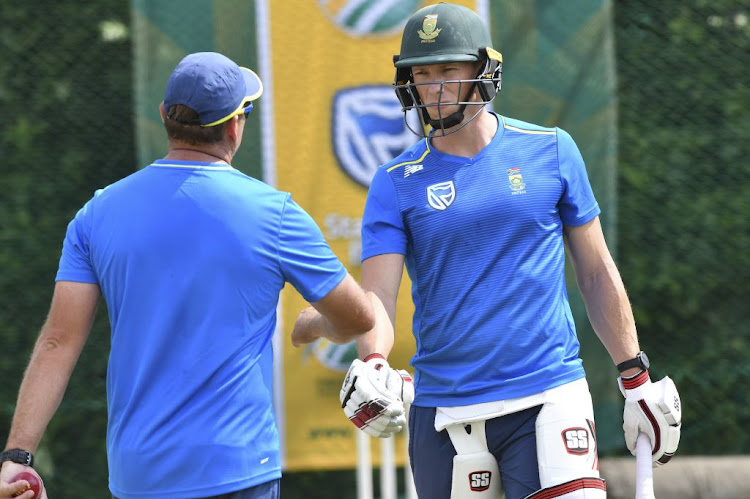 SA batsman Rassie van der Dussen (right) chats to batting coach Jacques Kallis during the Proteas' training session at SuperSport Park on December 24 2019 in Pretoria, South Africa.