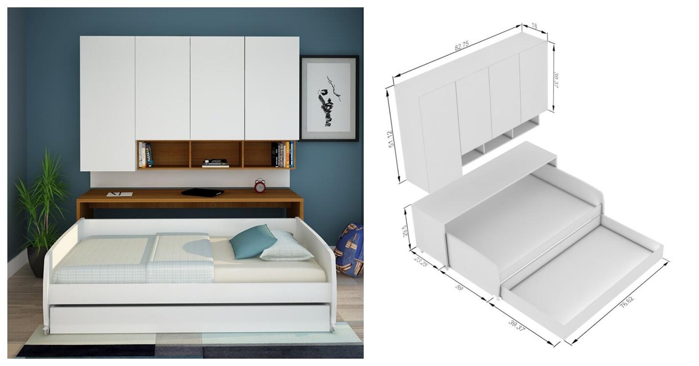 Murphy trundle bed idea for a guest room or a kids room in a Tiny house or studio.