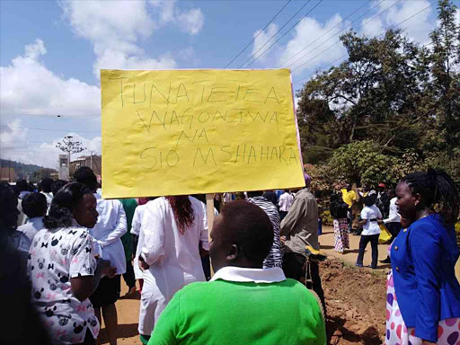 Machakos Level Five Hospital workers demonstrate in Machakos town against a poor working environment, June 21, 2018. /GEORGE OWITI