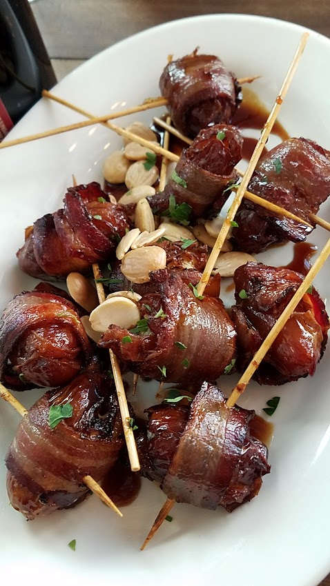 lunch with zazu kitchen + farm. Black pig bacon wrapped date with wm. cofield blue cheese, saba paired with North Coast Brewing Old Stock Ale, part of the Artisan Cheese Festival tour visiting the Barlow in Sebastopol